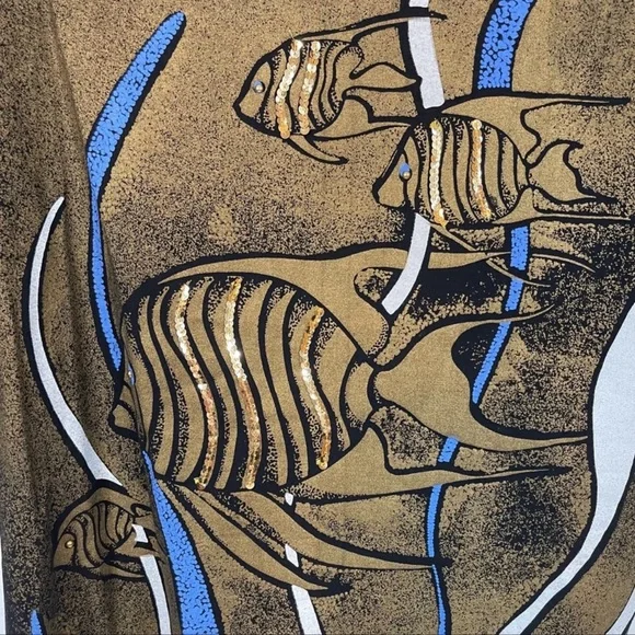 Vintage 80’s Sequin Embellished Batwing Top 2X Fish Gold Black - Picture 3 of 9